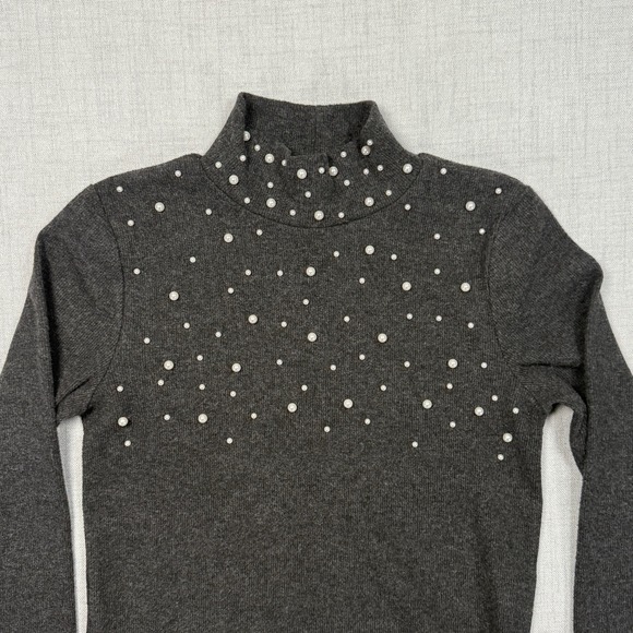 Zara Faux Pearl Sweater Women's Size High Neck Gray - Picture 2 of 10